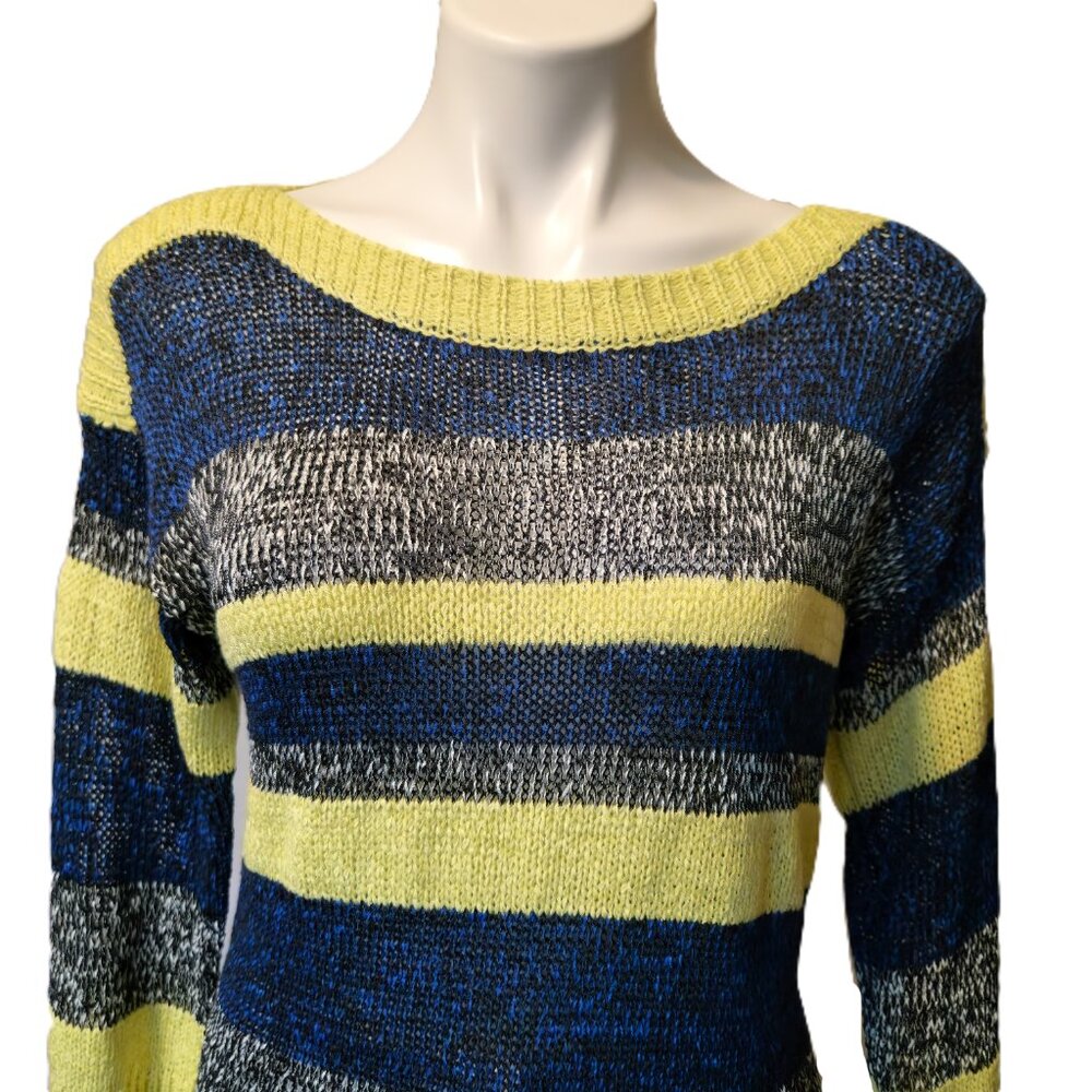 ❤️ 4/$20 Cable & Gauge knit sweater Women's medium stripes yellow blue comfy - Picture 2 of 14